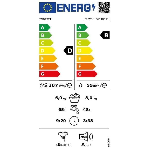 Inbyggd tvättmaskin med torkfunktion - INDESIT - BIWDIL861485EU - 8 till 6 kg - Induktion - 65 cm - 1400 varv/min - Vit