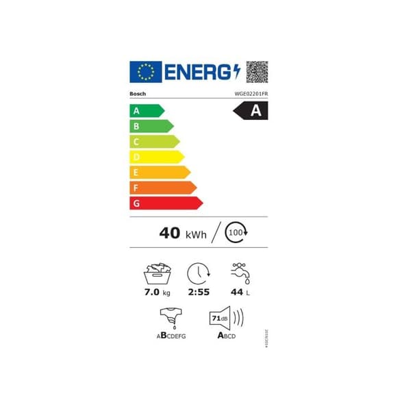 Tvättmaskin - BOSCH - WGE02201FR - 7 kg - 1200 varv/min - Klass A - Vit