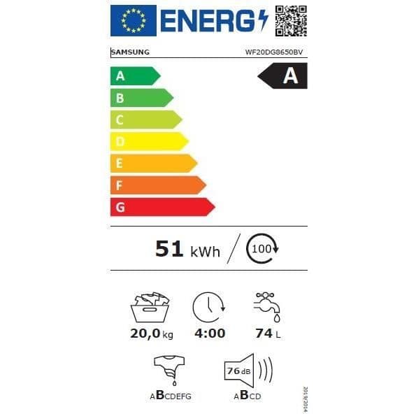 SAMSUNG Ecobubble™ WF20DG8650BV - 20 kg - Digital Inverter - L68,6cm - 1000 varv/min - Klass A - Svart