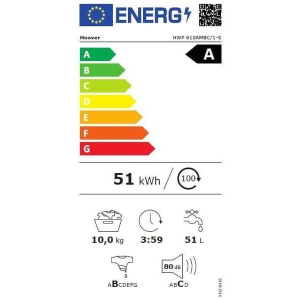 HOOVER HWP 610AMBC/1-S hyttventil tvättmaskin - 10 kg - Induktion - 1600 rpm - Klass A - Ansluten - Ånga - Vit