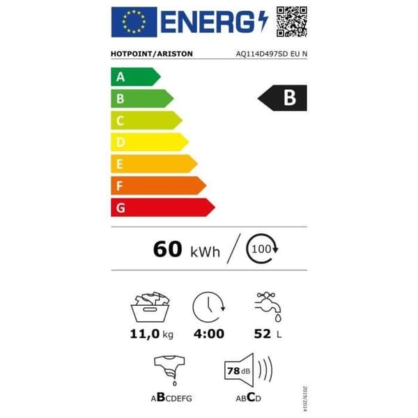 HOTPOINT AQ114D497SDEUN Aquatis hyttventil tvättmaskin - 11 kg - Induktion - 1400 rpm - Klass B - Vit