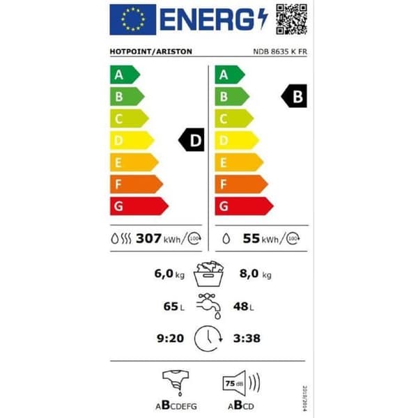 Tvättmaskin med torkfunktion HOTPOINT NDB8635KFR - 8 / 6 kg - Induktion - L60cm - 1400 varv/min - Vit
