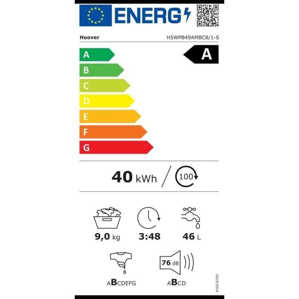 Lösning tvättmaskin HOOVER H-WASH 550 H5WPB49AMBC8/1-S - 9 kg - Induktions - 1400 varv/min - Klass A - Ansluten - Ånga - Vit