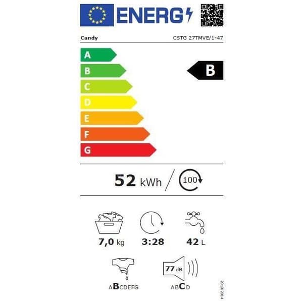 CANDY CSTG27TMVE/1-47 top tvättmaskin - 7 kg - Induktion - 1200 rpm - Klass B - Ansluten - Vit