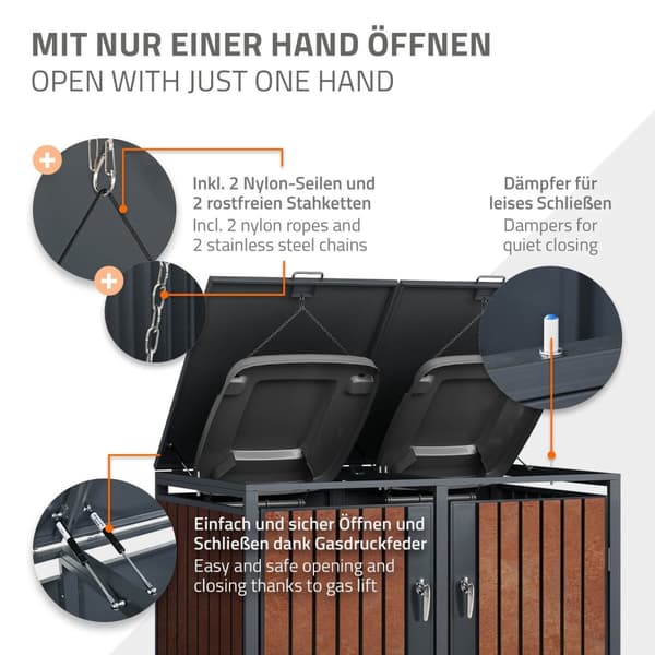 ML-Design Roskakorin kansi 4 roskakorille; 240L; 264x80x116;3 cm; antrasiitinruskea ruosteenkaltaisella pinnalla; teräs/corten-teräs; lukittava