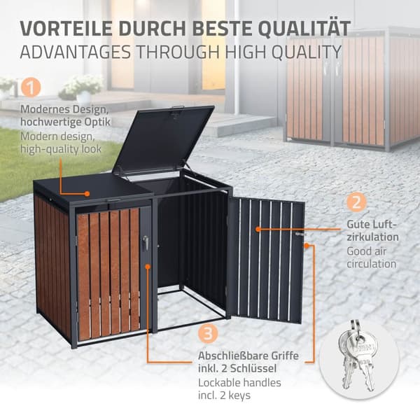 ML-Design Affaldsbeholderboks til 2 containere; 240L; 132x80x116;3 cm; Antracit-rustoptik; lavet af stål/cortenstål; Låsbar affaldsbeholderbeklædning