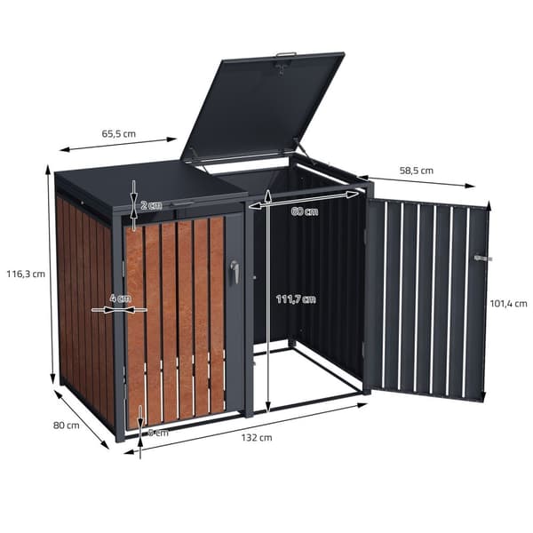 ML-Design Affaldsbeholderboks til 2 containere; 240L; 132x80x116;3 cm; Antracit-rustoptik; lavet af stål/cortenstål; Låsbar affaldsbeholderbeklædning
