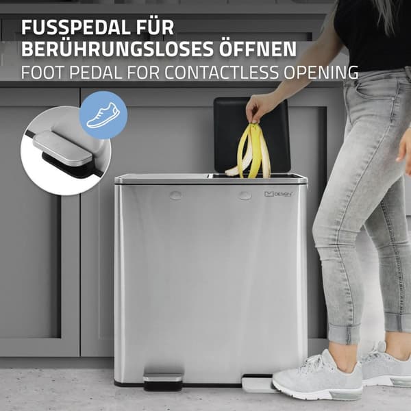 ML-Design Avfallskorg Kök 2x30L (60L); Silver; Avfallssorteringssystem 2 Fack; Pedalhink för Avfallssortering; Avfallskorg i Rostfritt Stål; Avtagbar