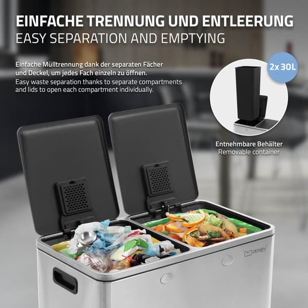 ML-Design Avfallskorg Kök 2x30L (60L); Silver; Avfallssorteringssystem 2 Fack; Pedalhink för Avfallssortering; Avfallskorg i Rostfritt Stål; Avtagbar