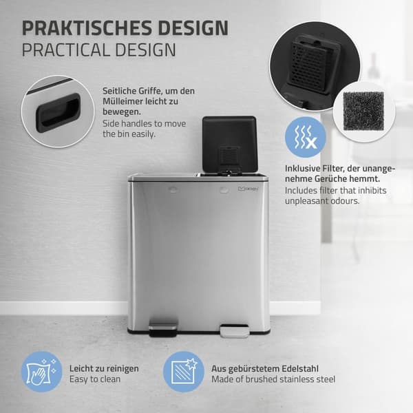 ML-Design Avfallskorg Kök 2x30L (60L); Silver; Avfallssorteringssystem 2 Fack; Pedalhink för Avfallssortering; Avfallskorg i Rostfritt Stål; Avtagbar