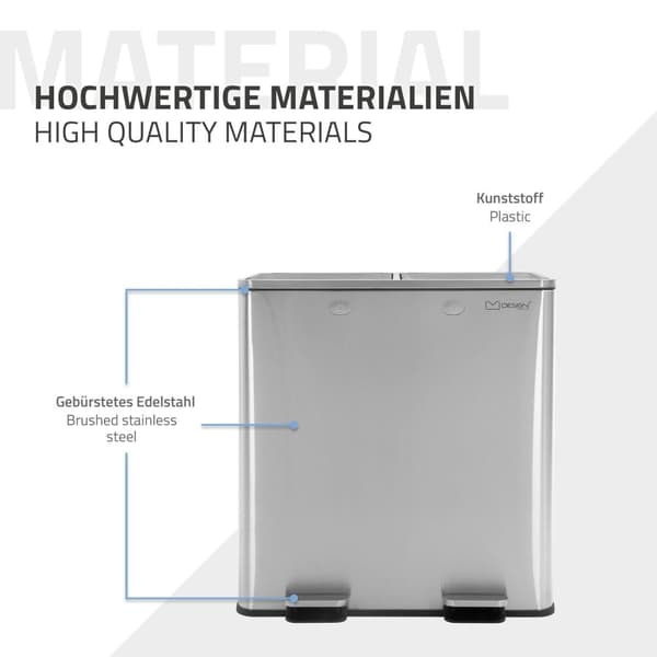 ML-Design Avfallskorg Kök 2x30L (60L); Silver; Avfallssorteringssystem 2 Fack; Pedalhink för Avfallssortering; Avfallskorg i Rostfritt Stål; Avtagbar