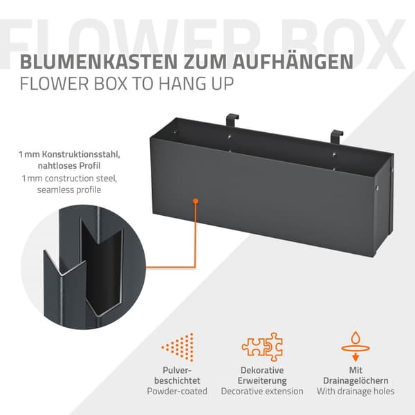 ML-Design Blomsterkasse til affaldsbeholderbeklædning og altan; stål; 50x12x15 cm; antracit; med beslag; metal plantekasse til
