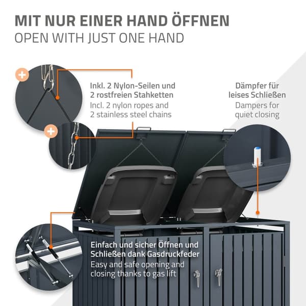 ML-Design Affaldscontainerboks til 2 affaldsspande; 240L; 132x80x116;3 cm; Antracit; Stål; vejrbestandig; Låsbar affaldsspandsovertræk med klaplåg/2