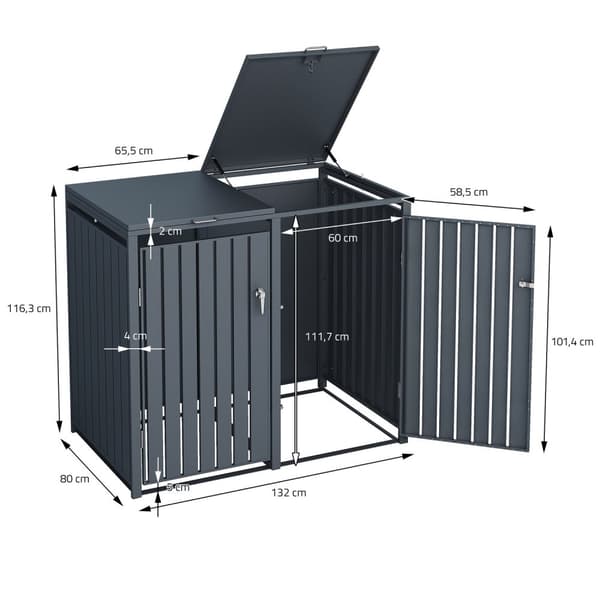 ML-Design Affaldscontainerboks til 2 affaldsspande; 240L; 132x80x116;3 cm; Antracit; Stål; vejrbestandig; Låsbar affaldsspandsovertræk med klaplåg/2