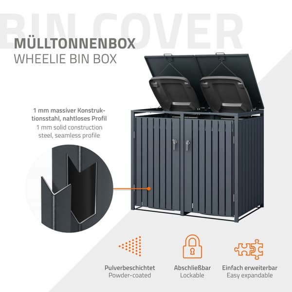 ML-Design Affaldscontainerboks til 2 affaldsspande; 240L; 132x80x116;3 cm; Antracit; Stål; vejrbestandig; Låsbar affaldsspandsovertræk med klaplåg/2