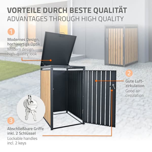 ML-Design Affaldsbeholderboks til 1 beholder; 240L 68x80x116;3 cm Antracit-lærketræslook; Stål; vejrbestandig; Låsbar affaldsbeholderbeklædning med