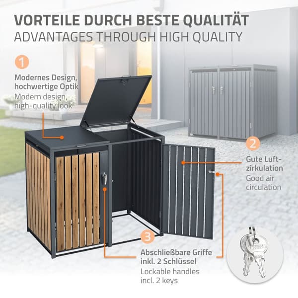 ML-Design Avfallskärlsbox 2 kärl 240L 132x80x116;3cm Antracit-Ekoptik; Stål; väderbeständig; Låsbar avfallskärlsförklädnad; Fällbart lock/2 dörrar;