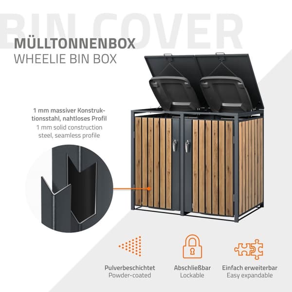 ML-Design Avfallskärlsbox 2 kärl 240L 132x80x116;3cm Antracit-Ekoptik; Stål; väderbeständig; Låsbar avfallskärlsförklädnad; Fällbart lock/2 dörrar;