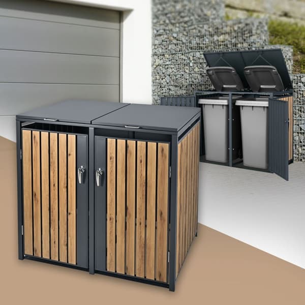ML-Design Avfallskärlsbox 2 kärl 240L 132x80x116;3cm Antracit-Ekoptik; Stål; väderbeständig; Låsbar avfallskärlsförklädnad; Fällbart lock/2 dörrar;
