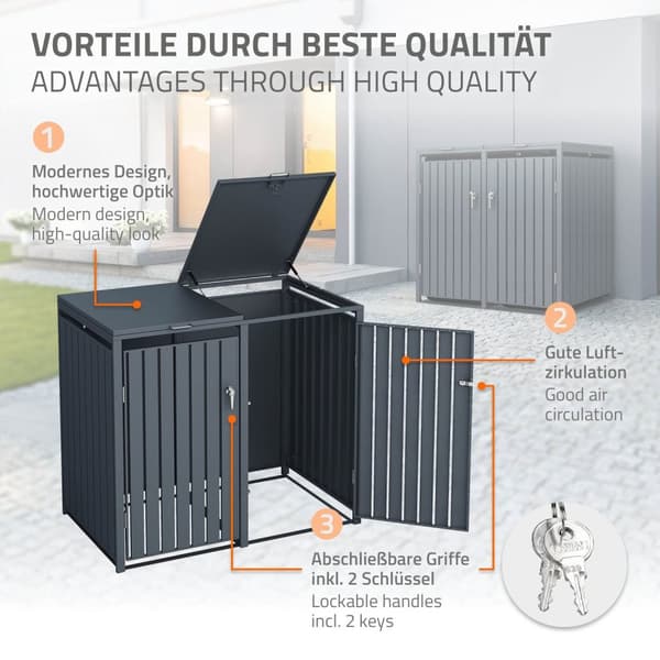 ML-Design Roskakatos 4 roskatynnyrille; 240L; 264x80x116;3 cm; Antrasiitti; Teräs; säänkestävä; Lukittava roskakatoksen kansi/4 ovea; Roskakatos
