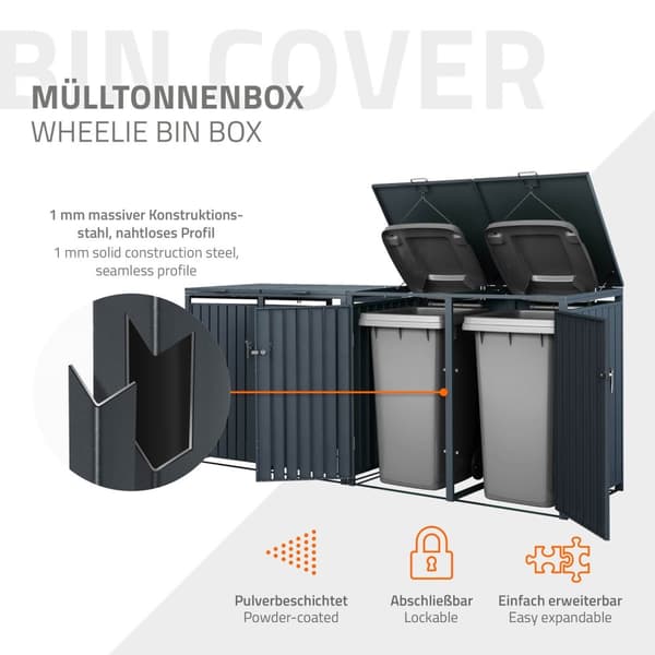 ML-Design Roskakatos 4 roskatynnyrille; 240L; 264x80x116;3 cm; Antrasiitti; Teräs; säänkestävä; Lukittava roskakatoksen kansi/4 ovea; Roskakatos
