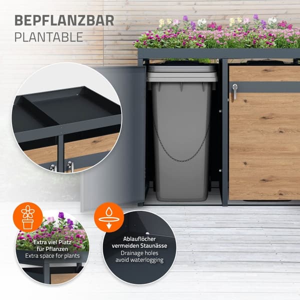 Papperskorgsbox med planteringstak för 3 kärl upp till 240 liter 200x80x124 cm stål i eklook ML-design