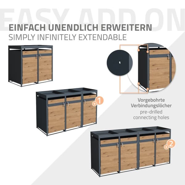 Papperskorgsbox med planteringstak för 3 kärl upp till 240 liter 200x80x124 cm stål i eklook ML-design