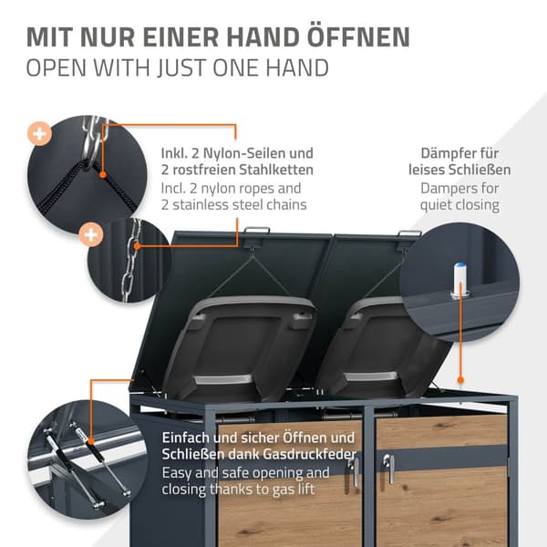Affaldsspand til 4 spande op til 240L 264x80x116,3 cm antracit/eg-look stål ML-design