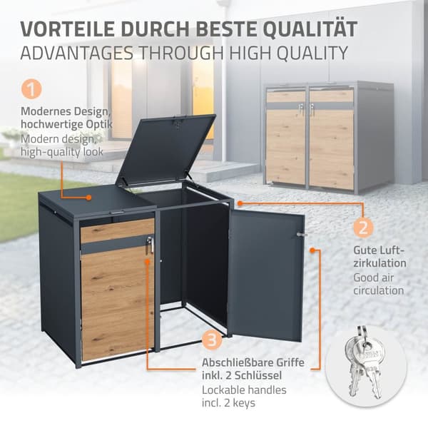 Roskakori 3 roskikselle enintään 240L 200x80x116,3 cm antrasiitti/tammi teräs ML-muotoilu