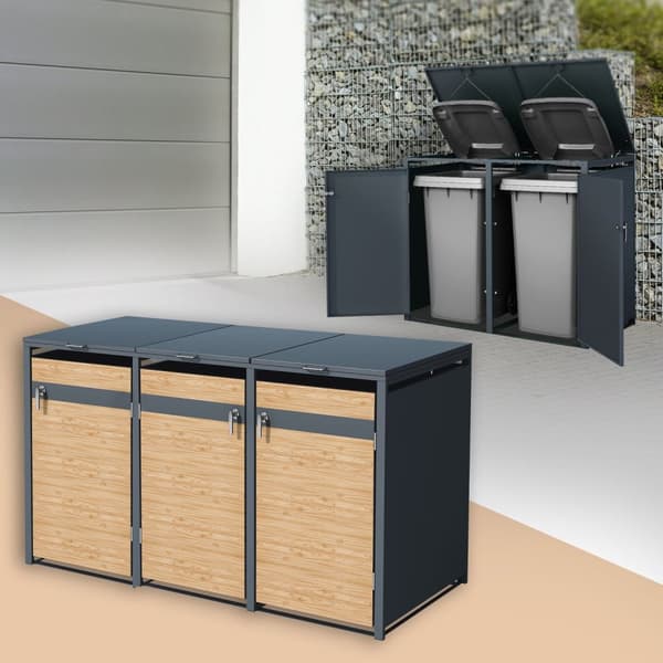 Papperskorgsbox för 3 kärl upp till 240L 200x80x116,3 cm antracit/lärkutseende stål ML-design