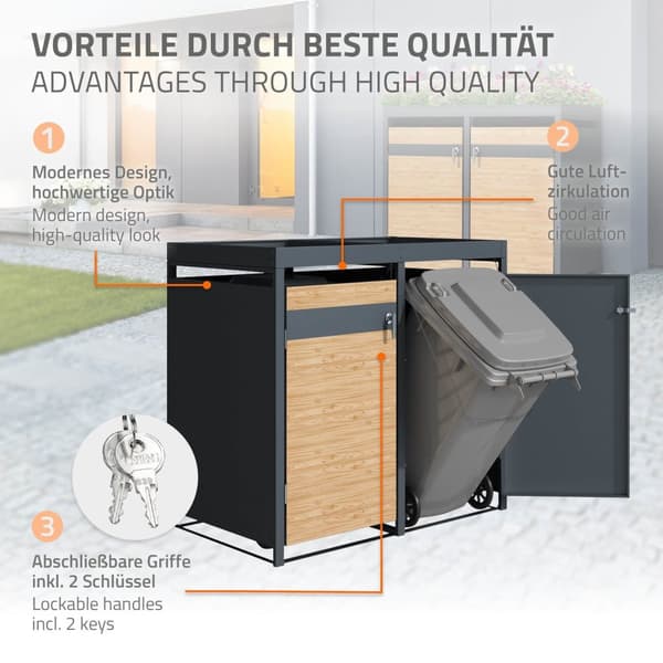 Papperskorgsbox med planteringstak för 3 kärl upp till 240 liter 200x80x124 cm lärkutseende stål ML-design