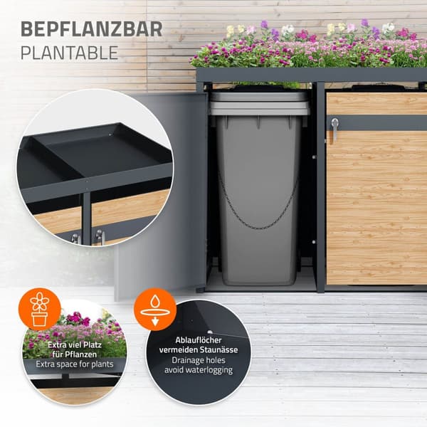 Papperskorgsbox med planteringstak för 3 kärl upp till 240 liter 200x80x124 cm lärkutseende stål ML-design