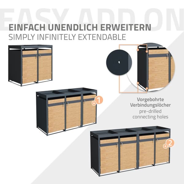 Papperskorgsbox med planteringstak för 3 kärl upp till 240 liter 200x80x124 cm lärkutseende stål ML-design
