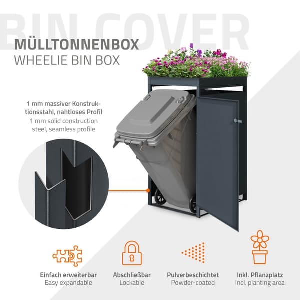 Papperskorgsbox med planteringstak för 3 kärl upp till 240 liter 200x80x124 cm lärkutseende stål ML-design