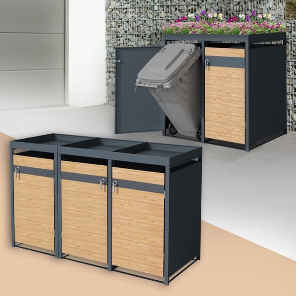 Papperskorgsbox med planteringstak för 3 kärl upp till 240 liter 200x80x124 cm lärkutseende stål ML-design
