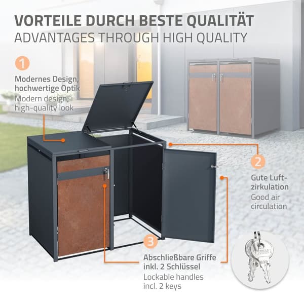 Roskakori 4 roskikselle enintään 240L 264x80x116,3 cm antrasiitti/ruosteenvärinen teräs ML-muotoilu
