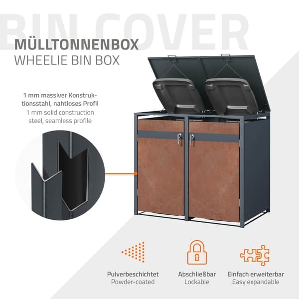 Roskakori 4 roskikselle enintään 240L 264x80x116,3 cm antrasiitti/ruosteenvärinen teräs ML-muotoilu