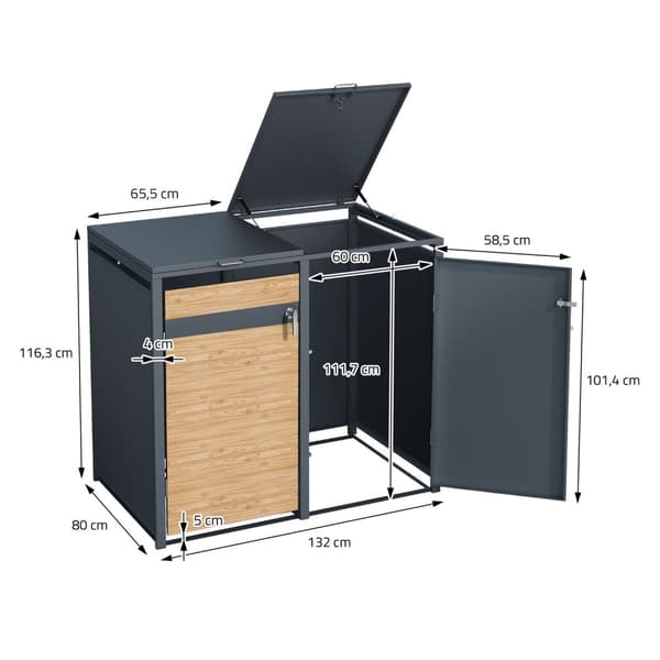 Roskakori 2 roskikselle enintään 240L 132x80x116,3 cm antrasiitti/arkki-ilme teräs ML-muotoilu