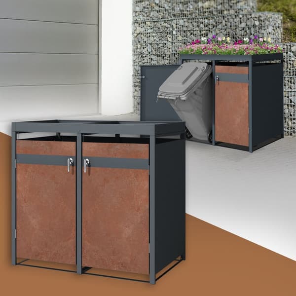 Papperskorgsbox med planteringstak för 2 papperskorgar upp till 240L 132x80x124 cm stål i rostfri look ML-design