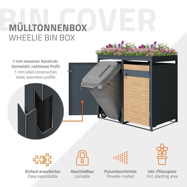 Papperskorgsbox med planteringstak för 2 papperskorgar upp till 240L 132x80x124 cm lärkutseende stål ML design