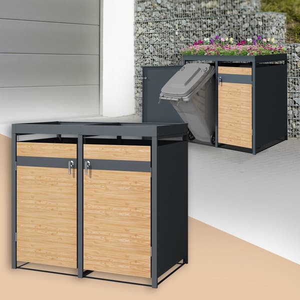 Papperskorgsbox med planteringstak för 2 papperskorgar upp till 240L 132x80x124 cm lärkutseende stål ML design
