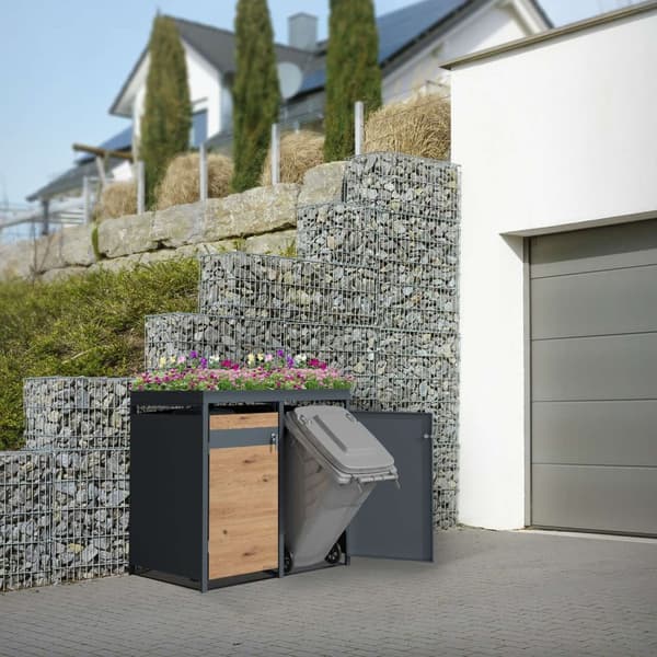 ML-Design soptunna 2er med planteringstak för 2 soptunnor, 240L 132x80x124 cm eklook, stål, väderbeständigt, låsbart soptunnelock med dörr, soptunna