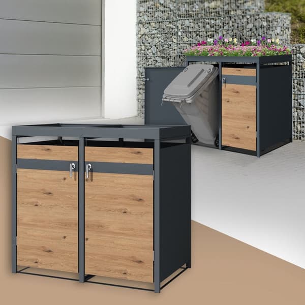 ML-Design soptunna 2er med planteringstak för 2 soptunnor, 240L 132x80x124 cm eklook, stål, väderbeständigt, låsbart soptunnelock med dörr, soptunna