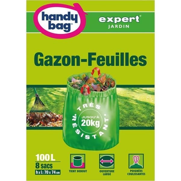 Gräs- och lövpåse 100l 20kg handtag x8 - Mycket tålig - HANDY BAG Expert Jardin
