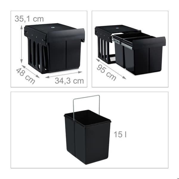 Relaxdays inbyggd skjutbar soptunna, 2 fack, sorteringssystem för under vask, 2x15l, 35,1 x 34,3 x 48 cm, svart