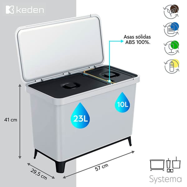 Keden Återvinningstunna 1x10l+1x23l Systema 57x29x41 Cm Silver