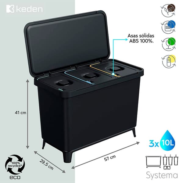 Keden Genbrugsskraldespand 3x10l Systema 57x29x41 Cm Søvfarvet