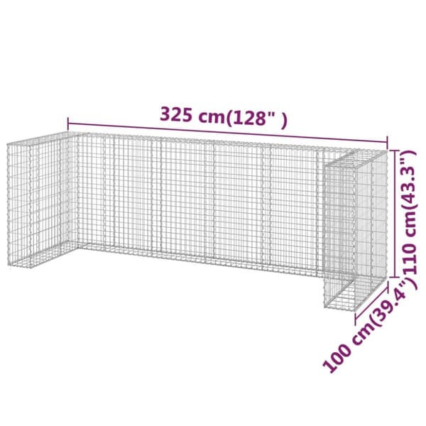 vidaXL Gabionmur för soptunnor galvaniserat stål 325x100x110 cm