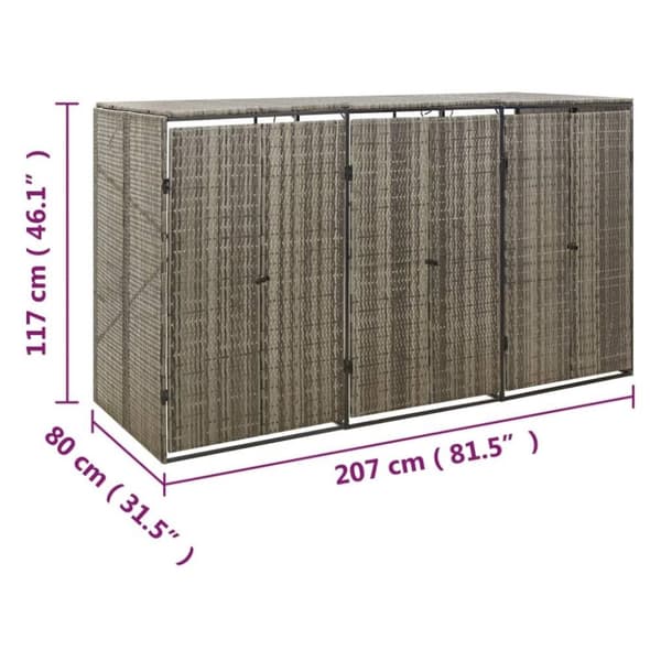 vidaXL tredobbelt skraldespandsskjuler 207x80x117 cm polyrattan grå