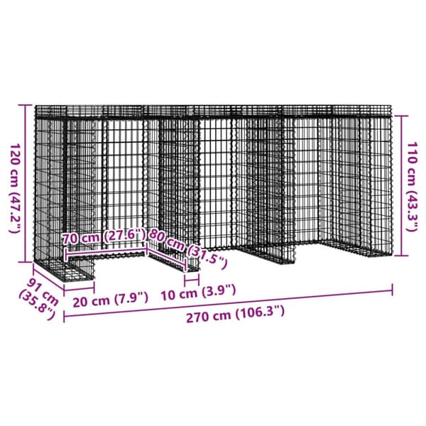 vidaXL Gabionvägg för soptunna 270x91x120 cm galvaniserat järn